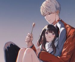 1boy 1girl black_pants blue_background blue_coat blue_scarf blush brown_hair closed_mouth coat couple grey_hair hair_between_eyes hand_on_another&#039;s_cheek hand_on_another&#039;s_face hetero hug hug_from_behind long_hair love_and_deepspace manatsuki_manata pants parted_lips protagonist_(love_and_deepspace) red_coat roasted_marshmallow scarf short_hair smile xavier_(love_and_deepspace)