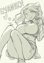 Rule 34 | 1girl, :p, breasts, character name, closed mouth, commentary request, feet out of frame, greyscale, gundam, gundam build fighters, gundam build fighters try, heart, highres, hyper gyanko, large breasts, looking at viewer, medium hair, monochrome, pas (paxiti), sazaki kaoruko, sketch, smile, solo, tongue, tongue out, twintails