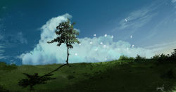 absurdres amatsuki_rei bird blue_sky cloud cloudy_sky commentary_request flock grass highres no_humans original outdoors scenery sky tree