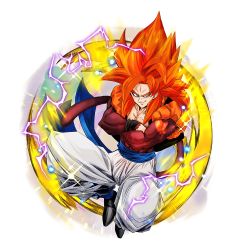 1boy absurdres black_boots blue_eyes blue_sash body_fur boots brown_fur crossed_arms dragon_ball dragon_ball_gt fusion fusion_dance gogeta highres metamoran_vest monkey_boy monkey_tail muscular muscular_male pants red_hair sash smirk super_saiyan super_saiyan_4 tail yuuri_(fukuroudou)