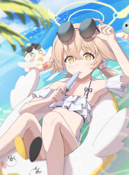 1girl absurdres bikini blonde_hair blue_archive cloud cloudy_sky creature frilled_bikini frills halo hifumi_(blue_archive) hifumi_(swimsuit)_(blue_archive) highres long_hair ocean official_alternate_costume sky solo star-isla sunglasses swimsuit yellow_eyes