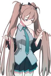 1girl ahoge aqua_necktie azur_lane bare_shoulders black_bow black_eyes black_skirt blush bow breasts brown_hair closed_mouth collared_shirt cosplay cowboy_shot detached_sleeves grey_shirt hair_bow hair_ornament half-closed_eyes hatski.sin hatsune_miku hatsune_miku_(cosplay) highres holding jean_bart_(azur_lane) long_hair looking_down miniskirt necktie pleated_skirt shirt simple_background skirt sleeveless sleeveless_shirt solo twintails very_long_hair white_background