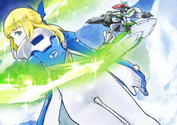 10s 1girl ashuho back bad_id bad_pixiv_id blonde_hair blue_eyes board bow cloud eureka_seven_(series) eureka_seven_ao fleur_blanc gun hair_bow looking_back mecha nirvash nirvash_neo pilot_suit robot sky weapon