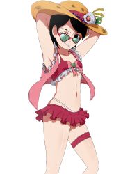 1girl absurdres armpits arms_behind_head arms_up beads bikini black_background black_eyes black_hair boruto:_naruto_next_generations boruto:_naruto_the_movie bow breasts collarbone flower glasses green-tinted_eyewear grin hat hat_flower heart highres looking_at_viewer looking_over_eyewear looking_over_glasses naruto naruto_(series) navel one_eye_closed open_clothes open_vest pink_vest red_bikini red_skirt short_hair skirt small_breasts smile standing straw_hat sun_hat sunglasses swimsuit teeth thigh_strap third-party_edit tinted_eyewear uchiha_sarada vest white_bikini wink