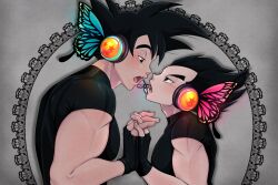 2boys black_hair blue_nails blush butterfly_wings dragon_ball dragonball_z from_side headphones headset holding_hands insect_wings magnet_(vocaloid) male_focus multiple_boys muscular muscular_male niusesabe open_mouth parody son_goku vegeta wings yaoi