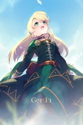 1girl belt blonde_hair blue_sky blush breasts character_name dress echo_(circa) fate_(series) gerda_(fate) green_dress green_eyes long_hair long_sleeves looking_up open_mouth pouch sky small_breasts smile solo