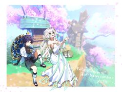 1boy 1girl absurdres aged_up anemo_symbol_(genshin_impact) animal animal_on_head armor bare_shoulders bird bird_on_head black_bridal_gauntlets black_shorts breasts bridal_gauntlets cleavage closed_mouth collarbone commentary_request cosplay cross-shaped_pupils day detached_sleeves dress genshin_impact gold_trim green_eyes grey_cat hair_ornament hand_up hat highres japanese_armor jingasa kote looking_at_another medium_breasts nahida_(genshin_impact) oishii_sasa on_head one_eye_closed open_mouth outdoors pointy_ears purple_eyes purple_hair rukkhadevata_(genshin_impact) rukkhadevata_(genshin_impact)_(cosplay) scaramouche_(genshin_impact) shorts sitting strapless strapless_dress symbol-shaped_pupils toeless_legwear unworn_headgear vision_(genshin_impact) wanderer_(genshin_impact) white_dress white_sleeves