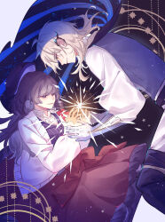 1boy 1girl absurdres alkaid_mcgrath alkaid_mcgrath_(godheim) beret black_boots black_cape black_hair black_hat blonde_hair blue_vest blunt_bangs boots border braid cape cardigan center_frills closed_mouth collared_shirt cupping_hands double_exposure ear_covers feet_out_of_frame frilled_skirt frills gloves green_eyes grey_gloves grey_vest hair_between_eyes hat heroine_(lovebrush_chronicles) highres holding holding_star knee_boots long_hair long_sleeves looking_at_object looking_down lovebrush_chronicles mabataki_hikari medium_hair object_floating_above_hand open_cardigan open_clothes outside_border own_hands_together pants pinstripe_pattern pinstripe_vest profile puffy_long_sleeves puffy_sleeves purple_eyes red_skirt shirt side_braid side_cape skirt sky star_(sky) star_(symbol) starry_sky vest white_border white_cardigan white_pants white_shirt