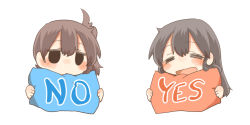 10s 2girls akagi_(kancolle) black_eyes black_hair blush brown_hair chibi closed_eyes kaga_(kancolle) kantai_collection long_hair multiple_girls no open_mouth pillow rebecca_(keinelove) short_hair side_ponytail smile yes yes-no_pillow