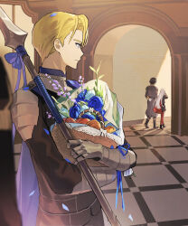 1girl 1other 3boys arm_behind_back arm_guards back black_boots black_hair blonde_hair blue_capelet blue_eyes blue_flower blurry boots bouquet capelet closed_mouth commentary_request depth_of_field dimitri_alexandre_blaiddyd edelgard_von_hresvelg fire_emblem fire_emblem:_three_houses flower from_behind garreg_mach_monastery_uniform gloves hair_between_eyes hand_up height_difference highres holding holding_bouquet holding_flower holding_polearm holding_weapon hubert_von_vestra ikaikakka long_hair long_sleeves looking_to_the_side multiple_boys nintendo outdoors pants pantyhose polearm puffy_long_sleeves puffy_sleeves red_capelet red_pantyhose shade shadow short_hair standing walking wavy_hair weapon white_gloves white_hair