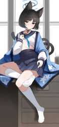 1girl absurdres animal_ears black_eyes black_hair blue_archive blue_halo blue_neckerchief blue_skirt breasts cat_ears cat_girl cat_tail closed_mouth feet fengqun halo highres kikyou_(blue_archive) legs looking_at_viewer medium_breasts multiple_tails neckerchief school_uniform serafuku short_hair sitting skirt smile socks soles solo tail toes white_socks