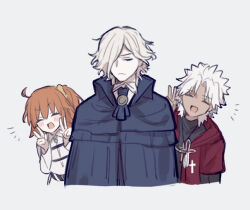 1girl 2boys ahoge amakusa_shirou_(fate) black_cloak chaldea_uniform cloak closed_eyes cross cross_necklace dark-skinned_male dark_skin double_v edmond_dantes_(fate) fate/apocrypha fate/grand_order fate_(series) grey_background grey_hair hand_up hands_up jewelry medium_hair multiple_boys necklace notice_lines open_mouth orange_hair priest side_ponytail simple_background smile sumi_(gfgf_045) v white_hair