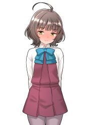 1girl absurdres ahoge aqua_bow aqua_bowtie arms_behind_back blunt_bangs bow bowtie collared_shirt commentary_request commission cowboy_shot dress furaggu_(frag_0416) highres kantai_collection kishinami_(kancolle) pantyhose pinafore_dress pixiv_commission purple_pantyhose red_dress shirt short_hair simple_background sleeveless sleeveless_dress solo standing variant_set white_background white_shirt yellow_eyes