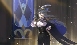 1girl absolution_(genshin_impact) absurdres arm_behind_back ascot banner black_corset black_pantyhose blue_hair breasts cape clorinde_(genshin_impact) closed_mouth commentary corset electro_symbol_(genshin_impact) english_commentary epaulettes fold-over_gloves framed_breasts from_side genshin_impact hair_between_eyes hat hat_feather highres holding holding_sword holding_weapon large_breasts long_hair long_hair_between_eyes low-tied_long_hair pantyhose pencil_skirt purple_ascot purple_eyes shirt skirt solo standing sword taut_clothes taut_shirt tricorne vision_(genshin_impact) weapon xxx99454674