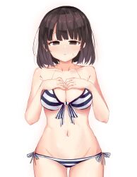 1girl bikini blunt_bangs breasts brown_eyes brown_hair cleavage collarbone cowboy_shot doldol_(rkwowlqrp) front-tie_bikini_top front-tie_top groin hands_on_own_chest highres katou_megumi looking_at_viewer narrow_waist navel saenai_heroine_no_sodatekata short_hair shy side-tie_bikini_bottom simple_background solo straight-on striped_bikini striped_clothes sweatdrop swimsuit triangle_mouth white_background