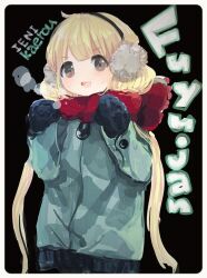 1girl blonde_hair breath brown_eyes coat comeco earmuffs futaba_anzu idolmaster idolmaster_cinderella_girls long_hair looking_at_viewer low_twintails mittens open_mouth scarf sketch smile solo twintails winter_clothes