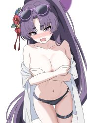 Rule 34 | 1girl, absurdres, bikini, bikini bottom only, black bikini, blue archive, blush, breasts, commentary, covering breasts, covering privates, cowboy shot, eyewear on head, fang, flower, gubee, hair flower, hair ornament, halo, highres, large breasts, long hair, navel, official alternate costume, open clothes, open mouth, open shirt, purple eyes, purple hair, purple halo, shirt, simple background, skin fang, solo, stomach, sunglasses, swimsuit, thigh strap, thighs, very long hair, white background, white shirt, yukari (blue archive), yukari (swimsuit) (blue archive)