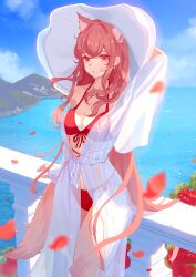 1girl absurdres alternate_costume animal_ears aoi_tooru arknights arm_support bare_shoulders bikini blue_sky braid breasts cloak earrings extra_ears highres jewelry long_hair looking_at_viewer necklace ocean outdoors parted_lips pink_eyes pink_hair pozyomka_(arknights) red_bikini single_earring sky solo swimsuit water white_cloak wolf_ears wolf_girl
