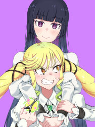 2girls absurdres anger_vein angry black_hair black_ribbon blonde_hair blunt_bangs blush brown_eyes censored censored_gesture clenched_teeth colored_inner_hair colored_tips green_hair hair_ornament head_tilt highres hime_cut hug hug_from_behind kouri_yuni kurogane_otoha long_hair long_sleeves middle_finger multicolored_hair multiple_girls puffy_long_sleeves puffy_sleeves purple_background purple_hair ribbon rock_wa_lady_no_tashinami_deshite school_uniform shirt simple_background smile suzunomiya_lilisa swept_bangs teeth twintails very_long_hair white_shirt yuri