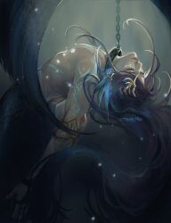 1boy absurdres arms_at_sides artist_name biceps chain chain_leash closed_eyes collar fins floating glowing_tattoo head_fins highres leash long_hair love_and_deepspace male_focus mermaid monster_girl muscular muscular_male parted_lips pink_lips purple_hair rafayel_(love_and_deepspace) simple_background solo underwater zenshyns