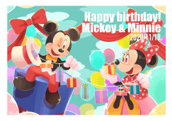 Rule 34 | 1boy, 1girl, animal ears, bow, dress, gamorangetana, gloves, hair bow, happy birthday, highres, looking at viewer, mickey mouse, mickey mouse &amp; friends, minnie mouse, mouse boy, mouse ears, mouse girl, open mouth, polka dot, polka dot bow, polka dot dress, shirt, smile, white gloves