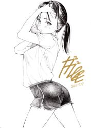 Rule 34 | 1girl, ass, blush, breasts, commentary request, dolphin shorts, gagaimo, greyscale, highres, looking at viewer, medium breasts, monochrome, original, ponytail, shirt, short shorts, shorts, solo, sweat, towel, wiping sweat