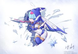 1girl android bingshan blue_eyes blush breasts commentary_request fairy_leviathan_(mega_man) female_focus full_body helmet holding holding_weapon ice mega_man_(series) mega_man_zero_(series) pointing pointing_at_viewer polearm signature simple_background skin_tight small_breasts smile solo spear thighhighs twitter_username water watermark weapon weibo_watermark