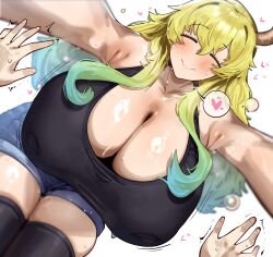 absurdres blonde_hair blue_hair blush breasts cleavage closed_eyes denim denim_shorts dripping_sweat gradient_hair green_hair hands_up heart highres huge_breasts kobayashi-san_chi_no_maidragon lips long_hair lucoa_(maidragon) multicolored_hair peterh_mon shorts smile spoken_heart sweat thighhighs zettai_ryouiki