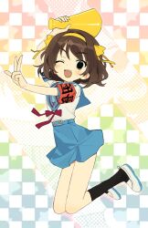Rule 34 | 1girl, ;d, arm up, armband, belt, black socks, blue belt, blue sailor collar, blue skirt, blush, bow, bowtie, brown eyes, brown hair, colorful background, commentary, dot nose, hair ribbon, hairband, highres, holding, holding megaphone, jumping, kita high school uniform, kneehighs, looking at viewer, medium hair, megaphone, mota (motaberrie), one eye closed, open mouth, outstretched arm, red armband, red bow, red bowtie, ribbon, sailor collar, school uniform, shirt, shoes, short sleeves, skirt, smile, socks, solo, star (symbol), summer uniform, suzumiya haruhi, suzumiya haruhi no yuuutsu, uwabaki, w, white shirt, yellow hairband, yellow ribbon