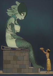 2girls absurdres ancient_egyptian_clothes back_fin borrowed_character breasts claws colored_skin commentary cthulhu_mythos dark_background dragon_girl dreadlocks english_commentary fins giant giantess giving gold gold_headband green_eyes green_skin hair_ornament hair_tubes height_difference highres looking_down medium_breasts monster_girl mossacannibalis multiple_girls open_mouth original scales sharp_teeth size_difference tan teeth throne topless_female tray tribal