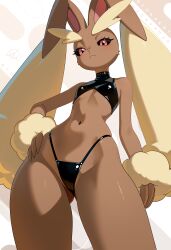 1girl :&lt; animal_nose arm_at_side artist_name bare_shoulders black_panties black_sclera black_sports_bra blush body_fur breasts brown_fur cameltoe closed_mouth colored_sclera cowboy_shot curvy female_focus from_below furry furry_female gen_4_pokemon gluteal_fold half-closed_eyes hand_on_own_hip highleg highleg_panties light_blush long_animal_ears looking_at_viewer lopunny navel nintendo otokakoto panties pokemon pokemon_(creature) rabbit_ears rabbit_girl red_eyes shiny_clothes signature small_breasts solo sports_bra standing stomach string_panties thick_thighs thighs thong two-tone_fur underwear white_background wide_hips yellow_fur