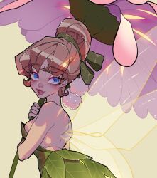 1girl bare_shoulders blonde_hair blue_eyes colette_(lettiebobettie) dress fairy fairy_wings flower green_dress hair_bun looking_at_viewer mini_person minigirl pointy_ears short_hair single_hair_bun solo strapless strapless_dress tinker_bell_(disney) walt_disney&#039;s_peter_pan wings