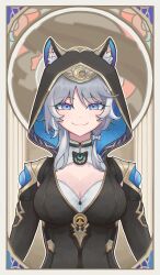 1girl absurdres animal_ear_fluff animal_ears blue_eyes breasts cat_ears cipher_(honkai:_star_rail) cleavage essiroart fang fang_out grey_hair highres honkai:_star_rail honkai_(series) hood looking_at_viewer mole mole_on_chest short_hair skin_fang smile solo upper_body