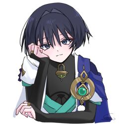 1boy aqua_gemstone aqua_kimono aqua_sleeves black_bridal_gauntlets black_eyes black_hair bridal_gauntlets cape closed_mouth cropped_torso ellypwakame316 eyeliner eyeshadow gem genshin_impact gold gold_ring hair_intakes hand_on_own_face head_tilt japanese_clothes juban kimono layered_sleeves looking_at_viewer makeup male_focus middle_ring open_clothes open_kimono pom_pom_(clothes) purple_cape red_eyeliner red_eyeshadow scaramouche_(genshin_impact) short_sleeves solo split_mouth upper_body vision_(genshin_impact) wanderer_(genshin_impact) white_background white_kimono white_sleeves wispy_bangs