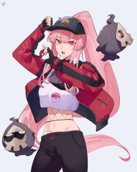 1girl absurdres baseball_cap black_gloves black_hat black_jacket black_pants breasts cleavage commentary cowboy_shot creatures_(company) crop_top duskull english_commentary fingerless_gloves fishnet_top fishnets floating_hair game_freak gen_3_pokemon gloves hat highres holding holding_poke_ball hololive hololive_english jacket large_breasts long_hair looking_at_viewer mori_calliope mori_calliope_(streetwear) multicolored_jacket navel ninochuu nintendo official_alternate_costume open_clothes open_jacket open_mouth pants pink_eyes pink_hair poke_ball poke_ball_(basic) poke_ball_print pokemon pokemon_(creature) ponytail red_jacket see-through_cleavage see-through_clothes simple_background solo standing sunglasses sweatpants tank_top track_jacket two-tone_jacket very_long_hair virtual_youtuber white_background white_tank_top