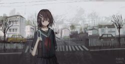 1girl artist_name bag bare_tree black_serafuku black_shirt black_skirt brown_eyes brown_hair building car closed_mouth cloud commentary_request cowboy_shot crosswalk dated day fence grey_sky hair_ornament hairclip highres lanreta looking_to_the_side motor_vehicle neckerchief original outdoors parallel_hairclips picket_fence pleated_skirt power_lines red_neckerchief road scenery school_uniform serafuku shirt short_hair short_sleeves shoulder_bag skirt sky solo standing town tree wooden_fence