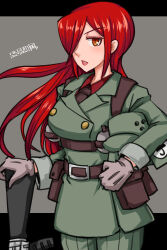 1girl alternate_costume belt belt_buckle belt_pouch black_egrets buckle explosive gloves grenade grey_background gun hair_over_one_eye hamu_agaki helmet lipstick long_hair looking_at_viewer makeup military_uniform necktie parasoul_(skullgirls) pouch red_hair red_lips rifle skullgirls solo unworn_headwear unworn_helmet weapon yellow_eyes