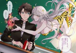 Rule 34 | 1boy, 1girl, ahoge, alternate costume, animal print, bikini, black hair, black jacket, breasts, buttons, chalkboard, cleavage, closed mouth, command spell, commentary request, cone horns, cosplay, crossover, desk, fate/grand order, fate (series), fire, floating, floating hair, fujimaru ritsuka (male), highres, horns, indoors, jacket, jeanne d&#039;arc alter (fate), large breasts, long hair, long sleeves, looking at another, lum, lum (cosplay), moroboshi ataru, moroboshi ataru (cosplay), omizu (omz), school desk, school uniform, shirt, short hair, sitting, speech bubble, strapless, strapless bikini, sweatdrop, swimsuit, teeth, tiger print, translation request, twitter username, urusei yatsura, very long hair, white hair, white shirt, yellow bikini, yellow eyes