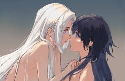 Rule 34 | 2girls, artuvia, blue eyes, blue hair, female byleth (fire emblem), edelgard von hresvelg, fire emblem, fire emblem: three houses, gradient background, hair between eyes, hand in another&#039;s hair, hand on another&#039;s chest, highres, imminent kiss, leaning forward, long hair, looking at another, multiple girls, nintendo, parted bangs, purple eyes, topless female, upper body, white hair, yuri