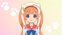 1girl :3 ahoge animal_hat blue_ribbon blush_stickers breasts cat_hat etotama gradient_background hair_ornament hat long_hair long_sidelocks long_sleeves looking_at_viewer naa-tan official_art orange_hair paw_print paw_print_background promotional_art purple_eyes red_sailor_collar ribbon sailor_collar sidelocks small_breasts smile solo straight-on upper_body wing_hair_ornament