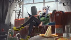 1girl absurdres ahoge ambience_synesthesia arknights black_bow black_hat black_shirt black_thighhighs bow closed_mouth couch crossed_legs food green_jacket grey_hair grey_shorts hair_between_eyes hair_bow hat highres holding holding_food holding_pizza indoors jacket long_hair long_sleeves looking_at_viewer official_alternate_costume on_couch open_clothes open_jacket pizza red_eyes salt_on_dice shirt shorts sitting skadi_(arknights) skadi_(the_next_afternoon_tea)_(arknights) solo stuffed_orca sword thighhighs unworn_hat unworn_headwear weapon wide_shot