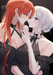 2girls absurdres alternate_costume alternate_hairstyle arm_around_waist bare_shoulders black_background black_bow black_dress blue_eyes bow braid breasts collarbone collared_shirt dagger dress earrings eye_contact hair_bow half_updo highres holding holding_dagger holding_knife holding_weapon hong_meiling izayoi_sakuya jewelry knife large_breasts long_hair looking_at_another medium_breasts multiple_girls parted_lips purple_eyes red_hair sarukana shirt side_braid touhou upper_body weapon white_hair yuri