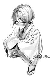 Rule 34 | ..., 1boy, blunt ends, blush, fingernails, genshin impact, greyscale, hair intakes, hand on own arm, highres, japanese clothes, kimono, long sleeves, looking at viewer, looking up, male focus, monochrome, reito6, sandals, scaramouche (genshin impact), sketch, solo, spoken ellipsis, squatting, sweat, toenails, twitter username, white background, wide sleeves, wispy bangs