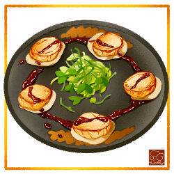 Rule 34 | artist logo, fish (food), food, food focus, highres, logo, no humans, original, plate, sauce, scallop, white background, yuki00yo
