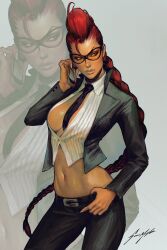 1girl adjusting_belt artist_name between_breasts black_jacket black_pants black_suit braid breasts cellphone cleavage collared_shirt crimson_viper crop_top dark-skinned_female dark_skin eyelashes flip_phone formal_clothes glasses hand_in_pants hand_to_head hand_up highres holding holding_phone jacket large_breasts lips long_hair looking_to_the_side loose_hair_strand navel necktie necktie_between_breasts orange-tinted_eyewear pant_suit pants partially_unbuttoned phone pompadour red_hair shirt signature single_braid solo sozomaika street_fighter street_fighter_iv_(series) suit sunglasses tinted_eyewear white_shirt yellow-tinted_eyewear