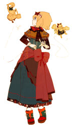 1girl alice_margatroid alternate_costume apron blonde_hair blue_dress boots bow capelet cleaning doll dress duster frilled_hairband frills fur-trimmed_boots fur_trim hair_bow hairband highres holding holding_duster jewelry large_bow lolita_hairband long_sleeves looking_to_the_side puppet_rings puppet_strings red_bow ring shanghai_doll short_hair solo tcmk touhou waist_bow