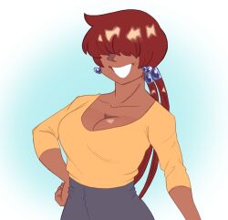 1girl 1shermieaday breasts cleavage curvy dark-skinned_female dark_skin earrings heart huge_breasts jewelry large_breasts long_hair ponytail red_hair shermie_(kof) smile smiley_face standing tan the_king_of_fighters twintails