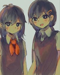 2girls :d antenna_hair black_eyes black_hair black_sweater_vest blush breasts bright_pupils closed_mouth collared_shirt commentary double-parted_bangs eyebrows_hidden_by_hair film_grain genderswap genderswap_(mtf) grey_background hair_behind_ear hair_between_eyes hair_ornament hairclip highres long_hair low_twintails mari_(faraway)_(omori) mari_(omori) mug1430 multiple_girls neckerchief omori open_mouth red_neckerchief shirt short_sleeves siblings side-by-side simple_background sisters small_breasts smile sunny_(omori) sweater_vest symbol-only_commentary teeth twintails upper_body upper_teeth_only white_pupils white_shirt