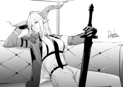 1girl absurdres animal_ears arknights belt collared_shirt commentary couch curled_horns day7daze degenbrecher_(arknights) english_commentary eyes_visible_through_hair gloves greyscale hair_between_eyes hatching_(texture) head_rest highres holding holding_sword holding_weapon horns jacket lapels linear_hatching long_hair long_sleeves monochrome necktie on_couch open_clothes open_jacket pants shirt signature sitting smile solo sword weapon