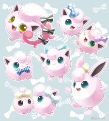 :d :o blush_stickers bow closed_mouth colored_sclera colored_skin commentary_request creatures_(company) evolutionary_line fangs fangs_out game_freak gen_1_pokemon gen_2_pokemon highres holding igglybuff jigglypuff nintendo no_humans one_eye_closed open_mouth pink_skin pokemon pokemon_(creature) pokemon_sv red_sclera sasabunecafe scream_tail smile standing wigglytuff